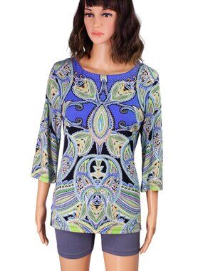 JM Collection Petite PM Paisley Top Blue Green Studded Stretch